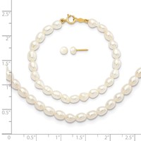 14K Yellow Gold 3-5mm White Freshwater Cultured Pearl Necklace 5 Inch Bracelet Post Earrings 3-piece Set, 14" view 3