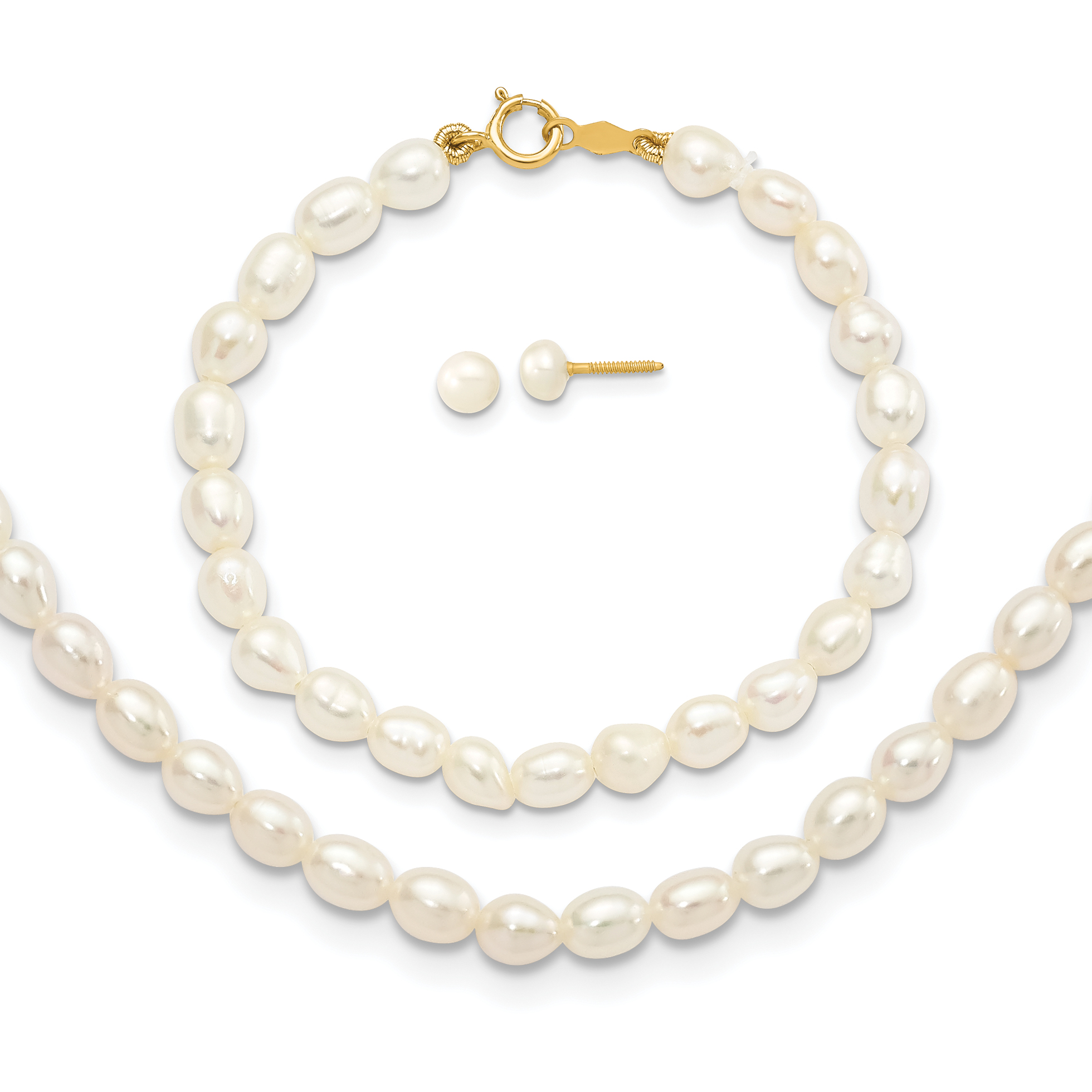 14k 3-5mm White Freshwater Cultured Pearl 14 inch Necklace, 5 inch Bracelet and Post Earrings Set (XF403SET)