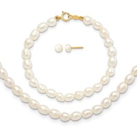 14K Yellow Gold 3-5mm White Freshwater Cultured Pearl Necklace 5 Inch Bracelet Post Earrings 3-piece Set, 14" view 1