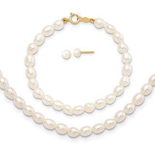 14k 3-5mm White Freshwater Cultured Pearl 14 inch Necklace /5 inch Bracelet / Post Earrings 3-piece Set