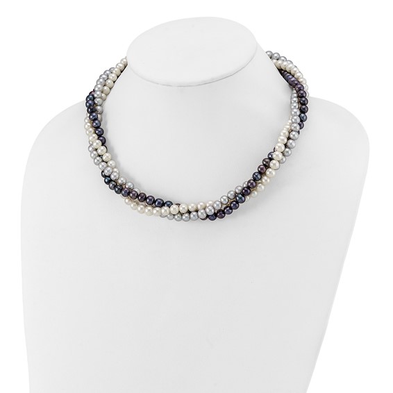 14k 6-7mm White/Gray/Black Near-Round Freshwater Cultured Pearl 3-Strand 18 inch Necklace