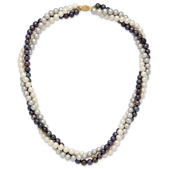 14k 6-7mm White/Gray/Black Near-Round Freshwater Cultured Pearl 3-Strand 18 inch Necklace