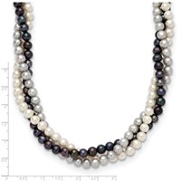 14K Yellow Gold 6-7mm White Gray Black Near-Round Freshwater Cultured Pearl 3-Strand Necklace, 18" view 4
