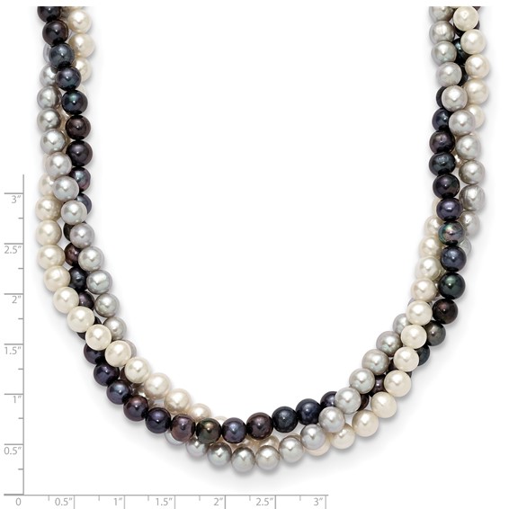 14k 6-7mm White/Gray/Black Near-Round Freshwater Cultured Pearl 3-Strand 18 inch Necklace