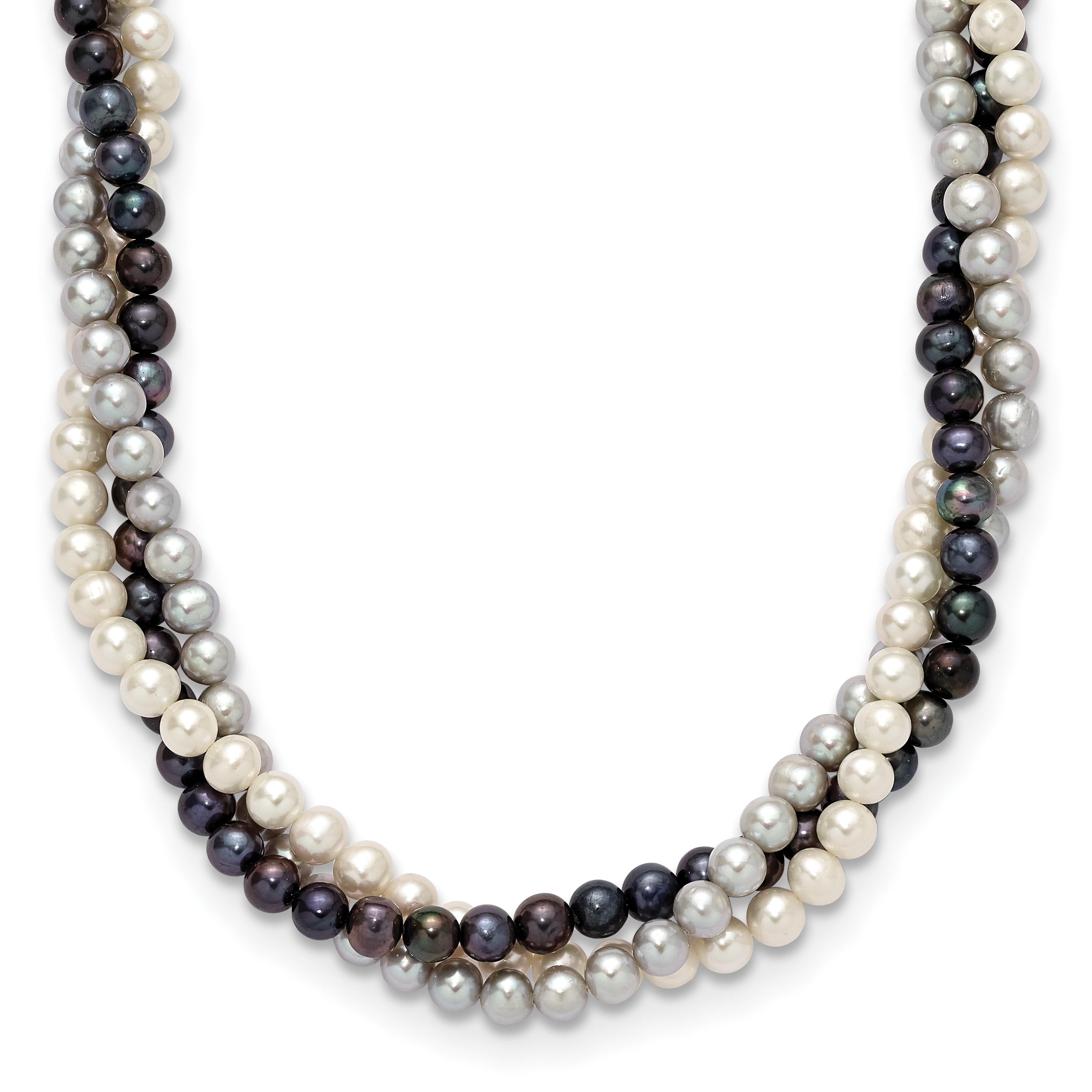 14k 6-7mm White/Gray/Black Near-Round Freshwater Cultured Pearl 3-Strand 18 inch Necklace (XF412-18)