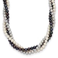 14K Yellow Gold 6-7mm White Gray Black Near-Round Freshwater Cultured Pearl 3-Strand Necklace, 18" view 1