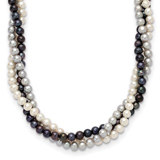 14k 6-7mm White/Gray/Black Near-Round Freshwater Cultured Pearl 3-Strand 18 inch Necklace