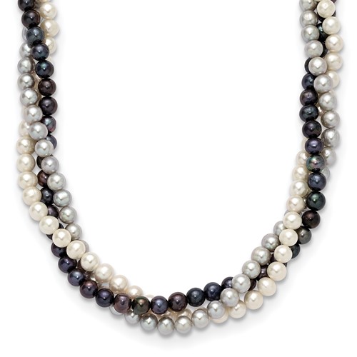 14K Yellow Gold 6-7mm White Gray Black Near-Round Freshwater Cultured Pearl 3-Strand Necklace, 18"