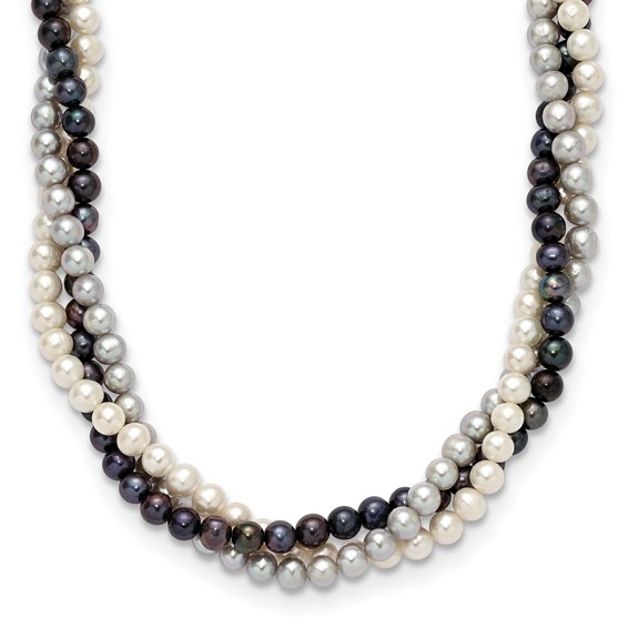 14k 6-7mm White/Gray/Black Near-Round Freshwater Cultured Pearl 3-Strand 18 inch Necklace