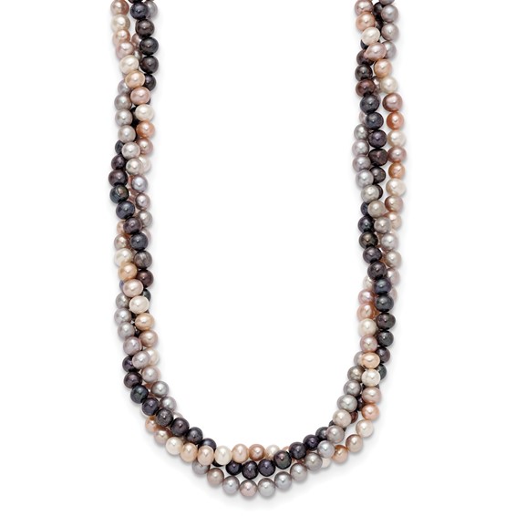14k White Gold 6-7mm Pink/Gray/Black Near-Round Freshwater Cultured Pearl 3-Strand 18 inch Necklace