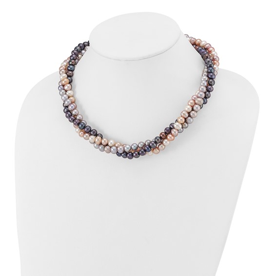 14k White Gold 6-7mm Pink/Gray/Black Near-Round Freshwater Cultured Pearl 3-Strand 18 inch Necklace