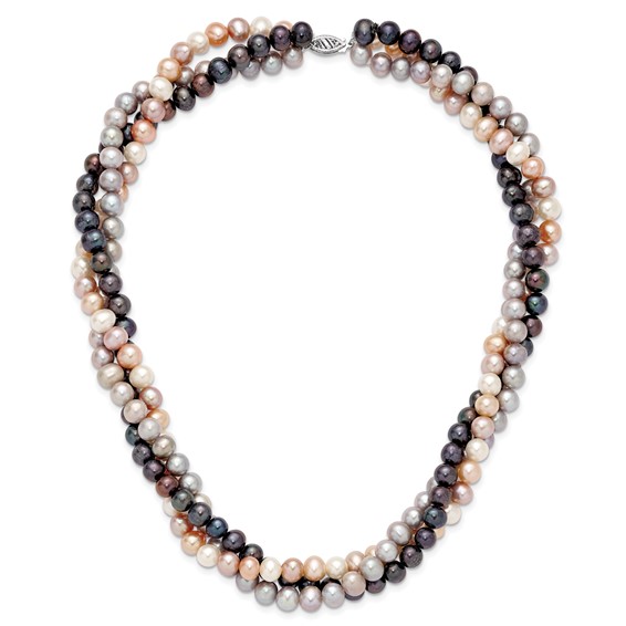 14k White Gold 6-7mm Pink/Gray/Black Near-Round Freshwater Cultured Pearl 3-Strand 18 inch Necklace