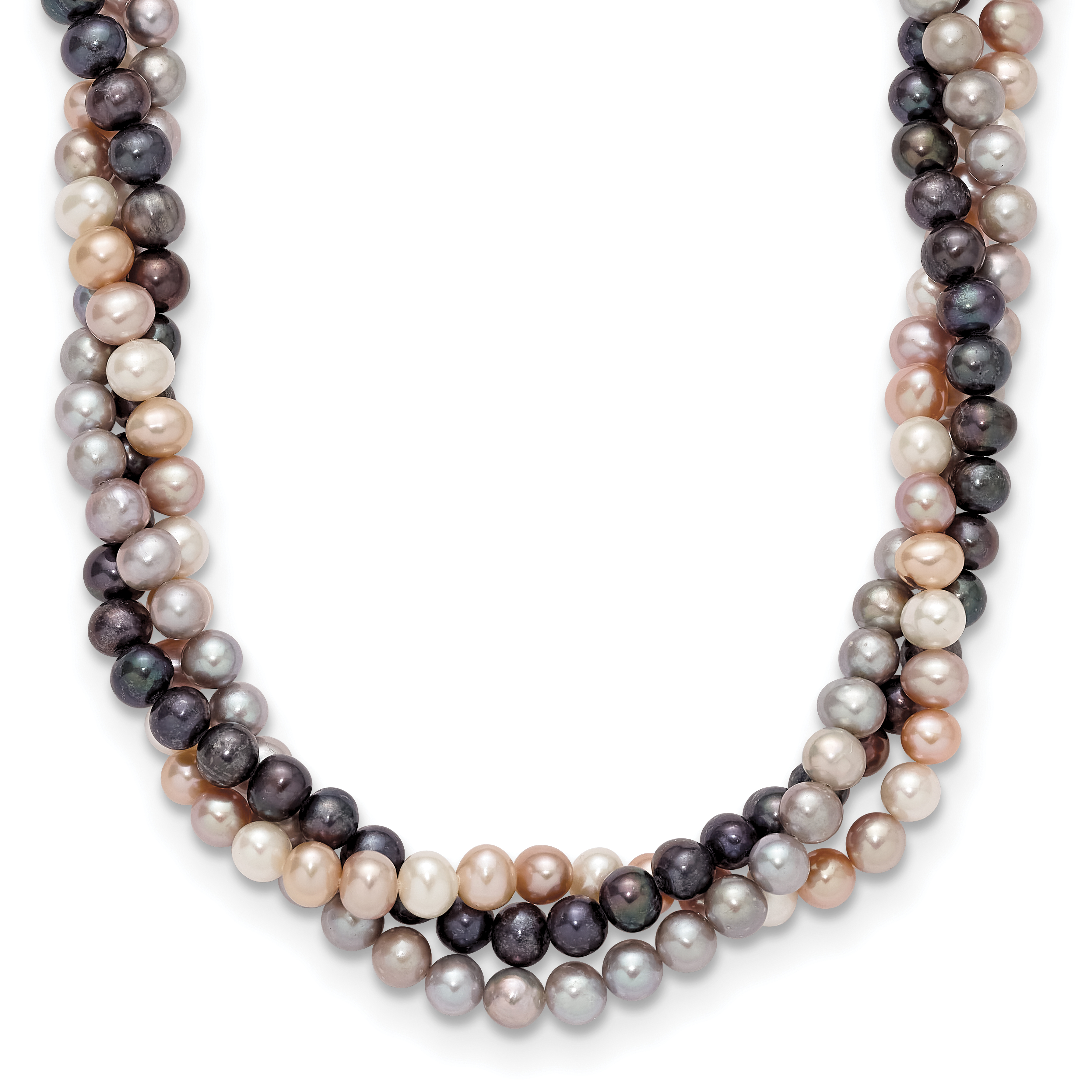 14k White Gold 6-7mm Pink/Gray/Black Near-Round Freshwater Cultured Pearl 3-Strand 18 inch Necklace (XF413-18)