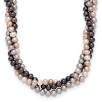 14K White Gold 6-7mm Pink Gray Black Near-Round Freshwater Cultured Pearl 3-Strand Necklace, 18" view 1