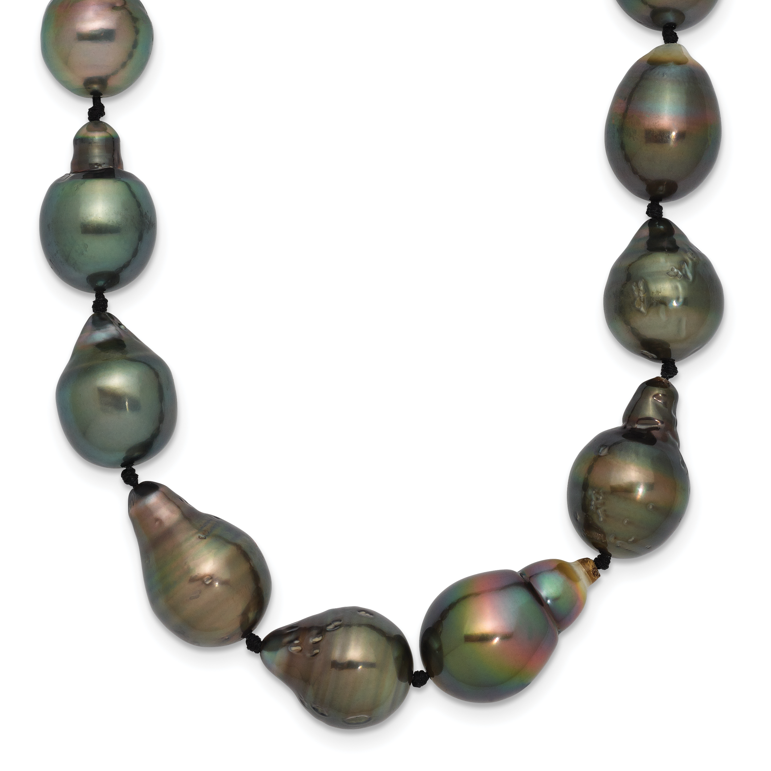 14k White Gold 8-11mm Black Baroque Tahitian Saltwater Cultured Pearl Graduated 18 inch Necklace (XF423-18)