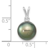 14K White Gold 10-11mm Round Black Tahitian Saltwater Cultured Pearl and.05 Carat Diamond Pendant view 3