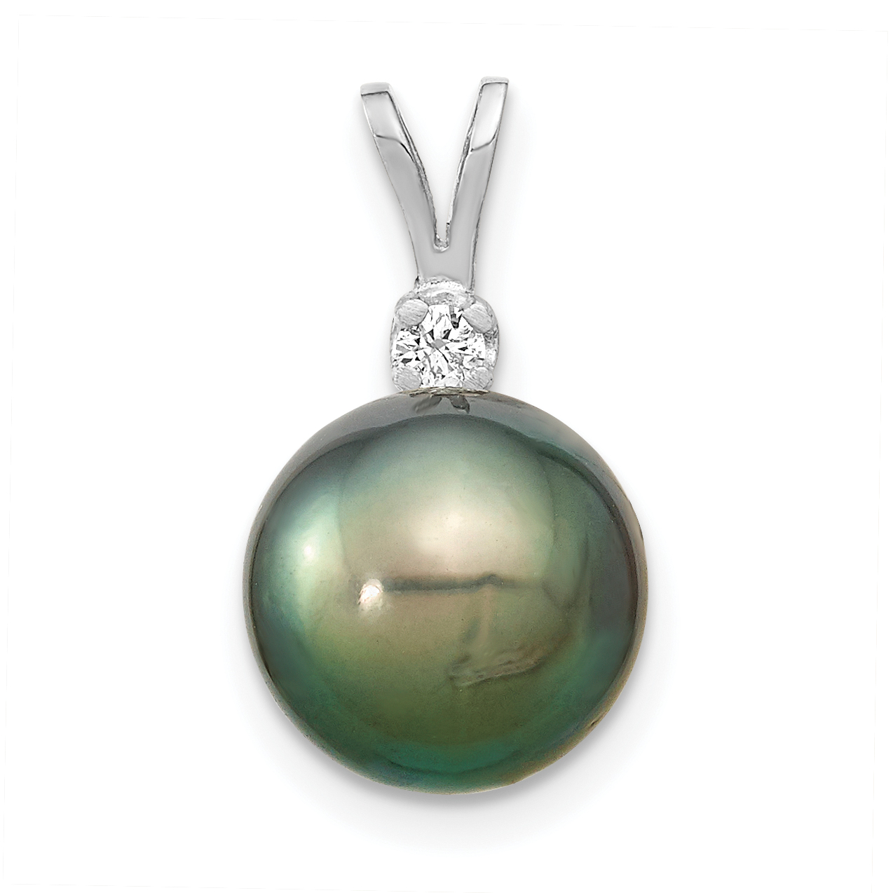 14k White Gold 10-11mm Round Black Tahitian Saltwater Cultured Pearl and  .05 Carat Diamond Pendant (XF428)