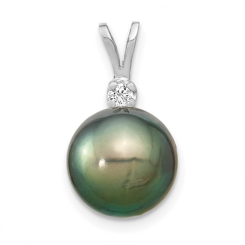 14K White Gold 10-11mm Round Black Tahitian Saltwater Cultured Pearl and.05 Carat Diamond Pendant
