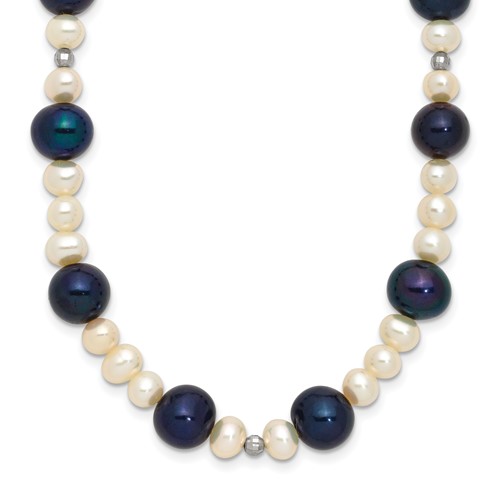 14K White Gold Black and White Semi-Round Freshwater Cultured and Mirror Bead Necklace, 18"
