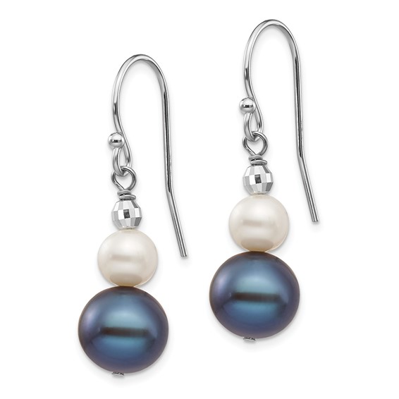 14k White Gold 6-9mm Black and White Semi-round Freshwater Cultured Pearl Graduated Dangle Earrings