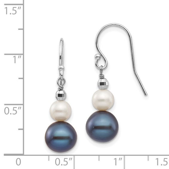 14k White Gold 6-9mm Black and White Semi-round Freshwater Cultured Pearl Graduated Dangle Earrings