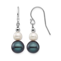 14K White Gold 6-9mm Black and White Semi-round Freshwater Cultured Pearl Graduated Dangle Earrings view 1