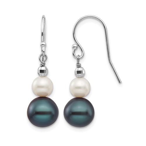 14K White Gold 6-9mm Black and White Semi-round Freshwater Cultured Pearl Graduated Dangle Earrings