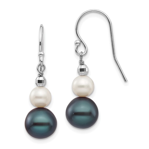 14k White Gold 6-9mm Black and White Semi-round Freshwater Cultured Pearl Graduated Dangle Earrings