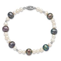 14K White Gold Black and White Semi-Round Freshwater Cultured and Mirror Bead Bracelet, 7.5" view 4