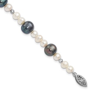 14k White Gold Black and White Semi-Round Freshwater Cultured and Mirror Bead 7.5 inch Bracelet