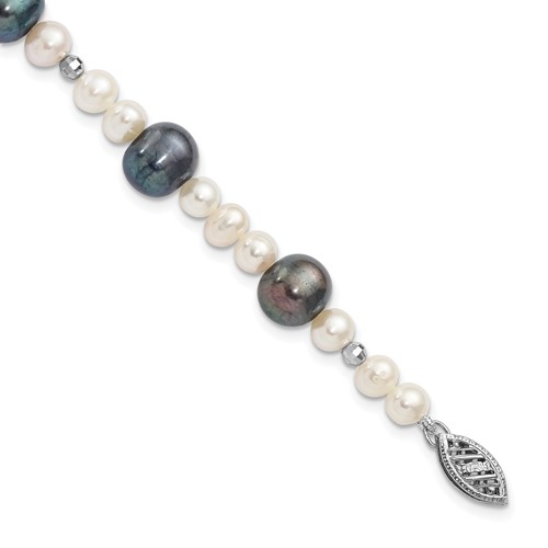 14K White Gold Black and White Semi-Round Freshwater Cultured and Mirror Bead Bracelet, 7.5"