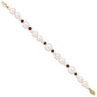 14K Yellow Gold 6-7mm White Semi-Round and Rice Freshwater Cultured Pearl and Garnet Beads Bracelet, 7.25" view 2
