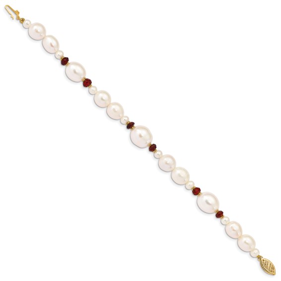 14K 6-7mm White Semi-Round and Rice Freshwater Cultured Pearl and Garnet Beads 7.25 inch Bracelet