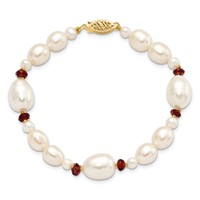 14K Yellow Gold 6-7mm White Semi-Round and Rice Freshwater Cultured Pearl and Garnet Beads Bracelet, 7.25" view 4