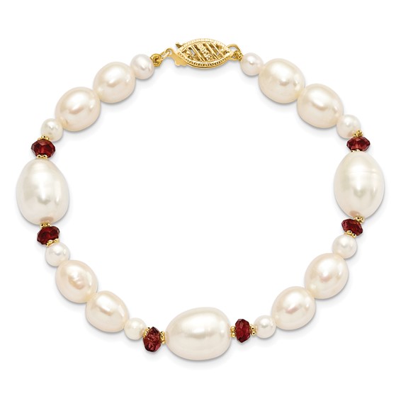 14K 6-7mm White Semi-Round and Rice Freshwater Cultured Pearl and Garnet Beads 7.25 inch Bracelet