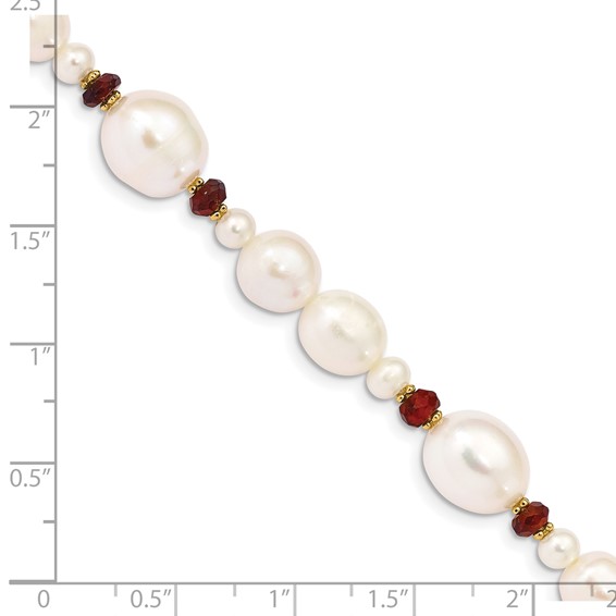 14K 6-7mm White Semi-Round and Rice Freshwater Cultured Pearl and Garnet Beads 7.25 inch Bracelet