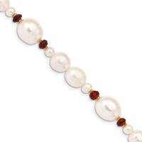 14K Yellow Gold 6-7mm White Semi-Round and Rice Freshwater Cultured Pearl and Garnet Beads Bracelet, 7.25" view 1