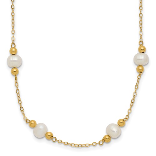 14K Yellow Gold 5-6mm White Near-Round Freshwater Cultured Pearl Beaded 12-Station Necklace, 18"