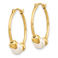 14K Yellow Gold 5-6mm White Semi-round Freshwater Cultured Pearl and Beads Polished Hoop Earring view 2