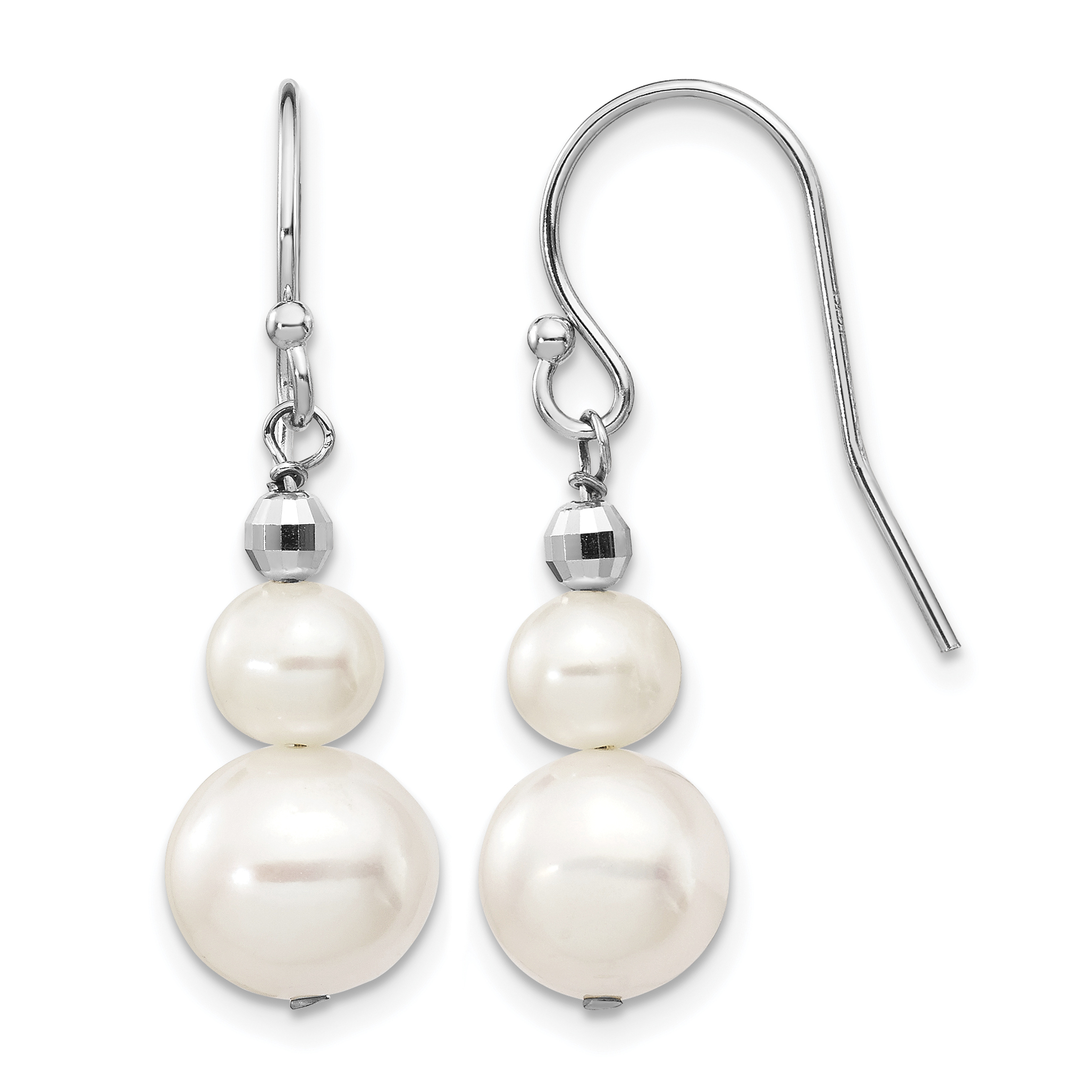 14k White Gold 6-9mm White Semi-round Freshwater Cultured Pearl Graduated Dangle Earrings (XF447E)
