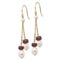 14K Yellow Gold 6-7mm White Rice Freshwater Cultured Pearl and 4.0GA Garnet Double Chain Dangle Earrings view 2