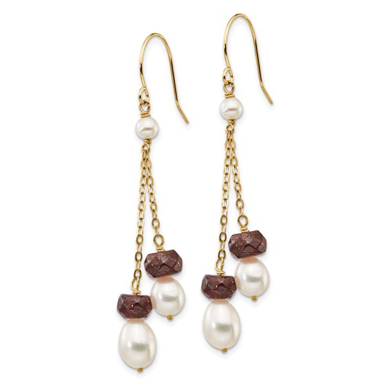 14k 6-7mm White Rice Freshwater Cultured Pearl and 4.0GA Garnet Double Chain Dangle Earrings