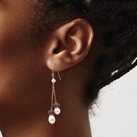 14K Yellow Gold 6-7mm White Rice Freshwater Cultured Pearl and 4.0GA Garnet Double Chain Dangle Earrings view 3