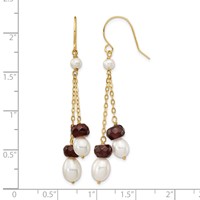 14K Yellow Gold 6-7mm White Rice Freshwater Cultured Pearl and 4.0GA Garnet Double Chain Dangle Earrings view 4