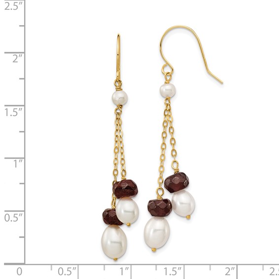 14k 6-7mm White Rice Freshwater Cultured Pearl and 4.0GA Garnet Double Chain Dangle Earrings