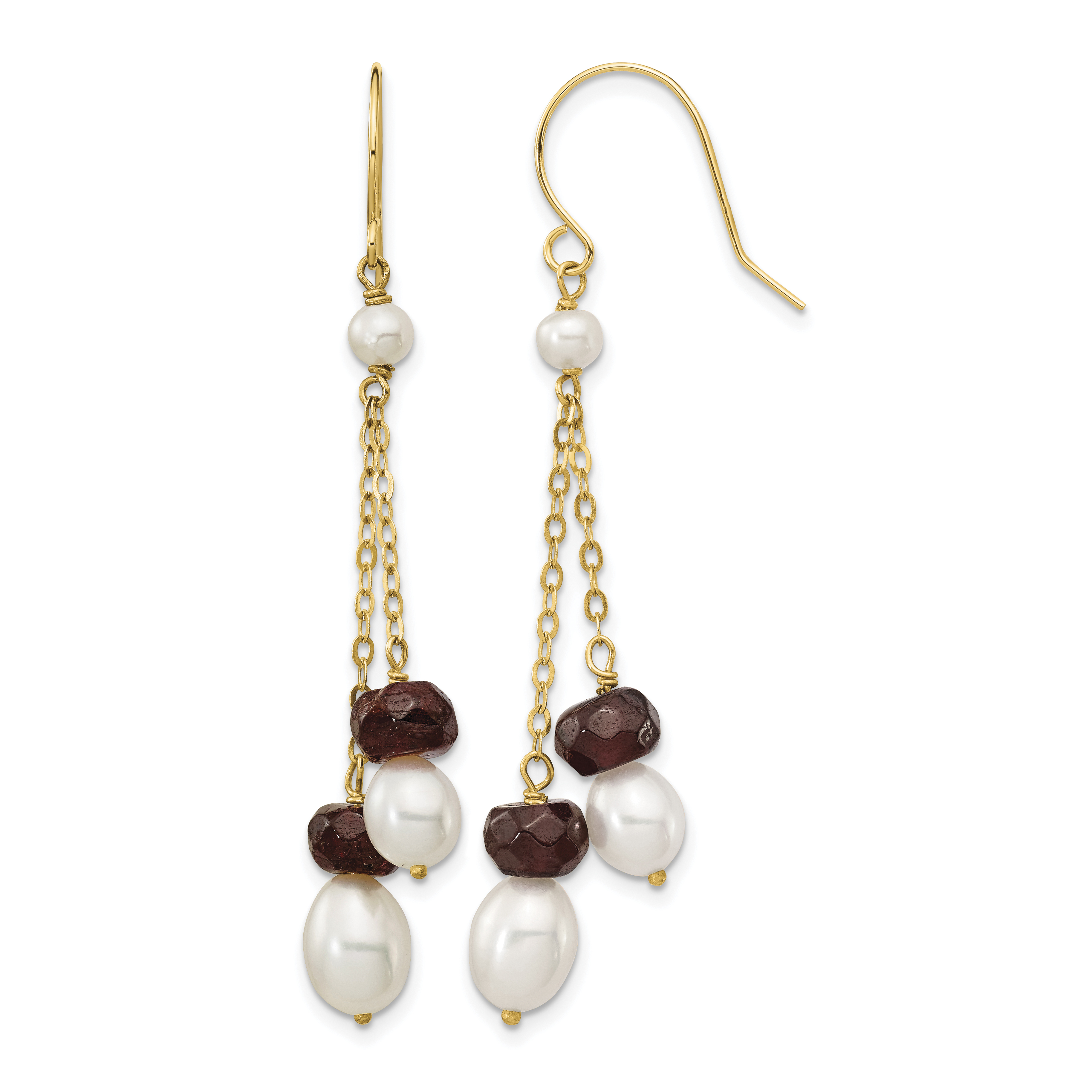 14k 6-7mm White Rice Freshwater Cultured Pearl and 4.0GA Garnet Double Chain Dangle Earrings (XF448E)