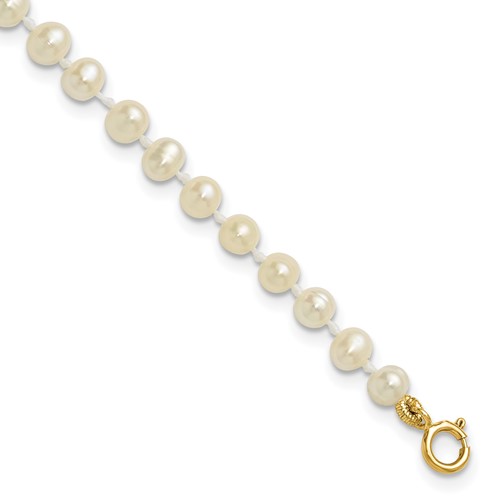 14K Yellow Gold 3-4mm White Semi-Round Freshwater Cultured Pearl Bracelet, 4"