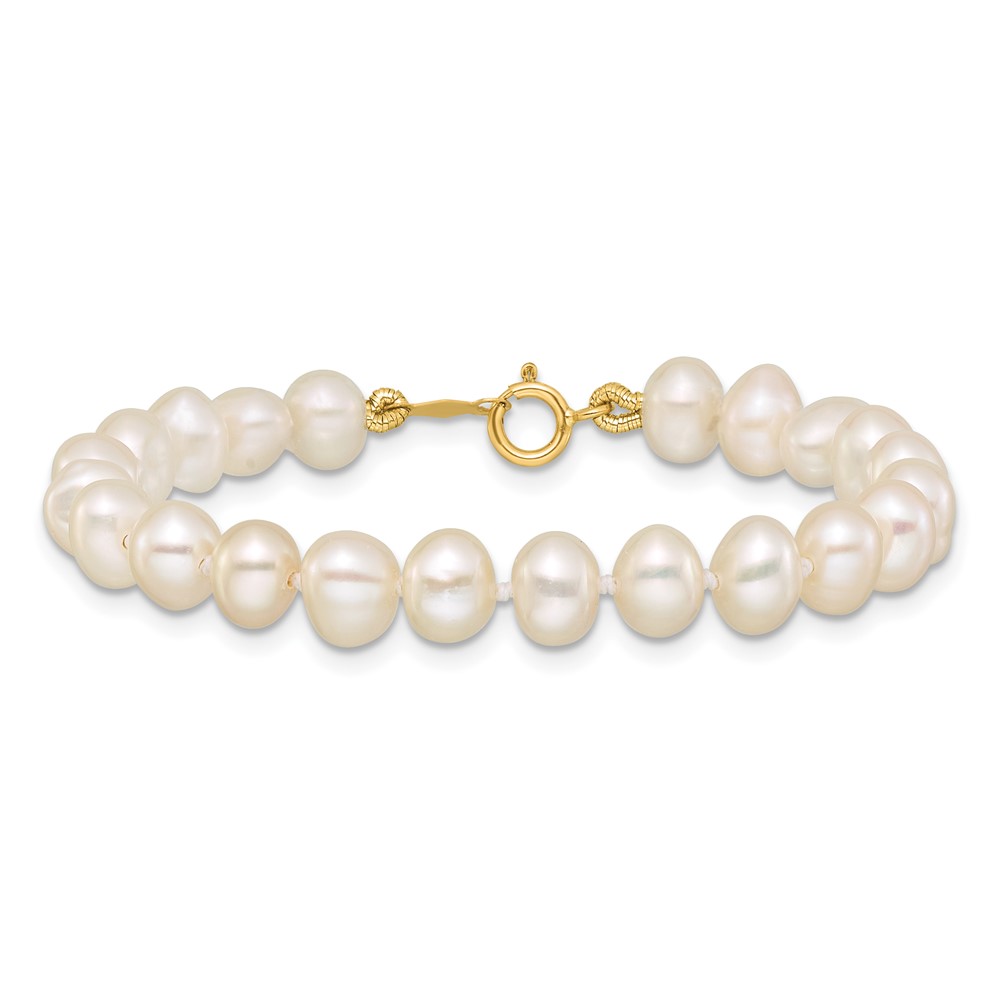 14k 5-6mm White Semi-Round Freshwater Cultured Pearl 5 inch Bracelet (XF452-5)