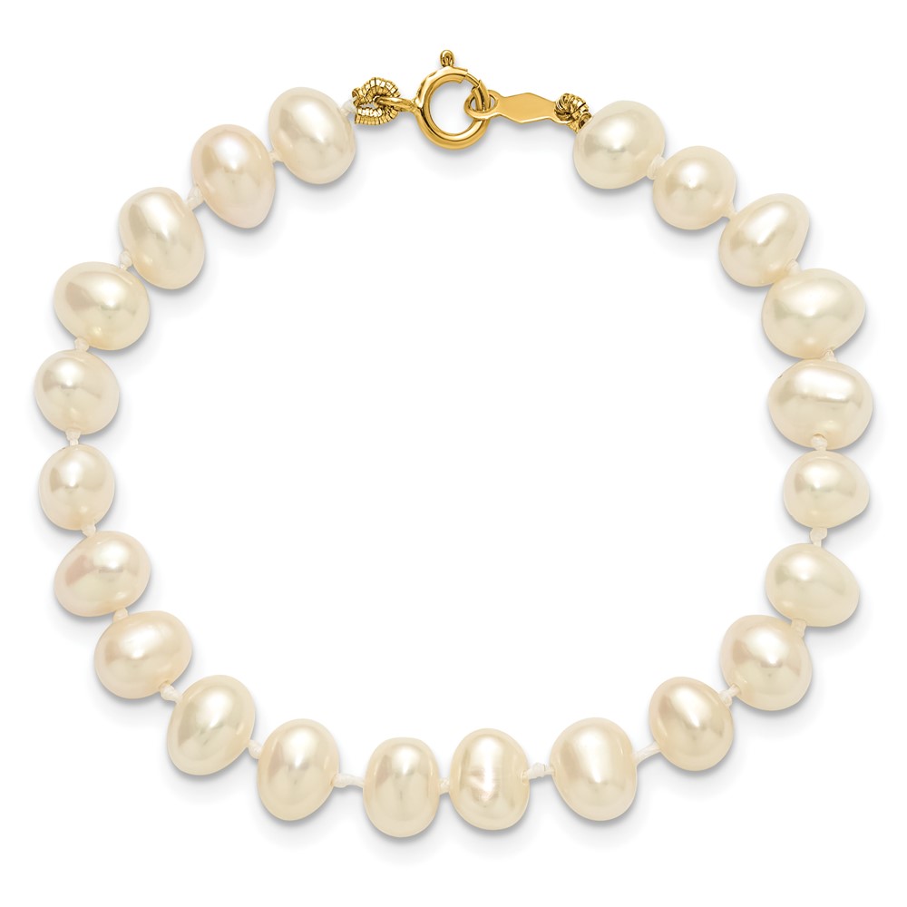 14k 5-6mm White Semi-Round Freshwater Cultured Pearl 5 inch Bracelet (XF452-5)
