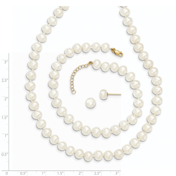 14k 6-7mm White Round Freshwater Cultured Pearl 7.25 inch with 1 Extender Bracelet/18 inch with 2 inch Extender Necklace/Button Earrings Set